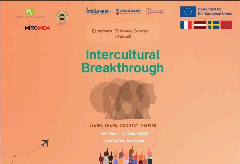 The Intercultural Breakthrough project is a seminar taking place in Larache, Morocco. It will gather 32 youth workers from France, Sweden, Latvia, and Morocco to strenghten their intercultural competencies and skills in non-formal education. The aim is to promote tolerance, diversity, intercultural dialogue, and peaceful conflict resolution among young people.
